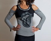 Black & White Stripe Studded Upcycled T-Shirt Dress                 Made in England UK