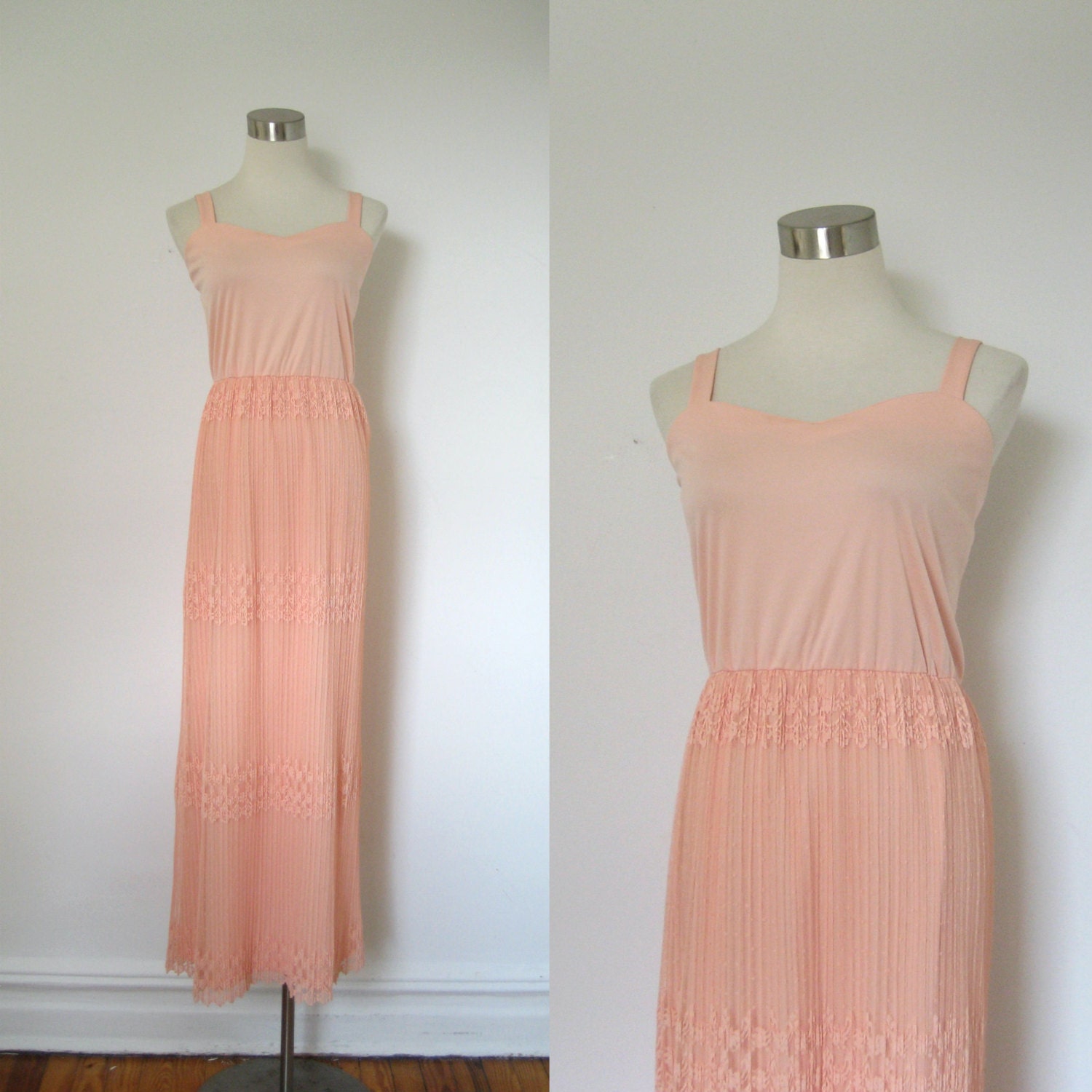 1970's Dress / 70's Pink Lace Maxi Dress / Sundress (medium M)