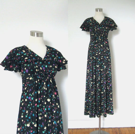 1970s Maxi Dress / 70s Black Printed Boho Dress / Paint Splatter (small S)