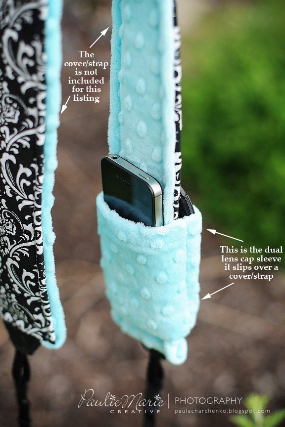 Dual Camera Lens Cap Sleeve -Add- use on multiple straps- holds iphone -memory cards