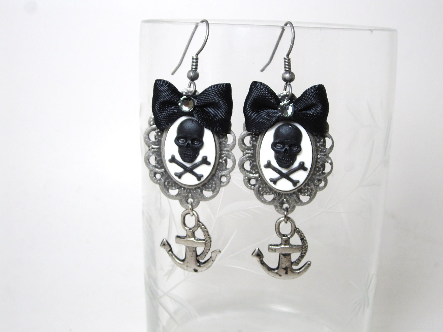 Pirate Skull crossbones cameo earrings with Black Satin Lolita bows and silver anchors