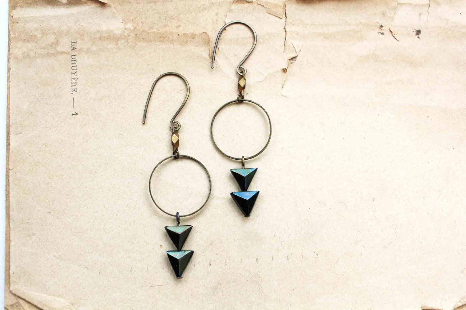 Cosmic earrings antique metallic pyramid glass beads sci-fi sparkle peacock geometric triangle faceted