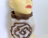 Creme and Brown Ruffled Flower Crochet Neckwarmer/Scarf/Cowl, Accessory, Gift, Woman, Warm, Cozy, Fashionable