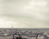 Paris Wall Decor, Rooftops of Paris in the rain, gray, black, white, neutral room decor, Eiffel tower, storm clouds 5x7