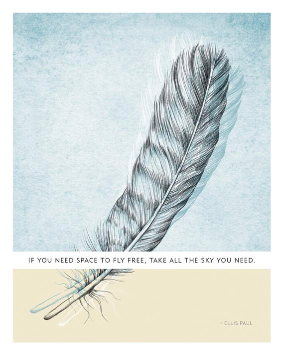 8x10 print with line from Ellis Paul's lyrics and feather illustration