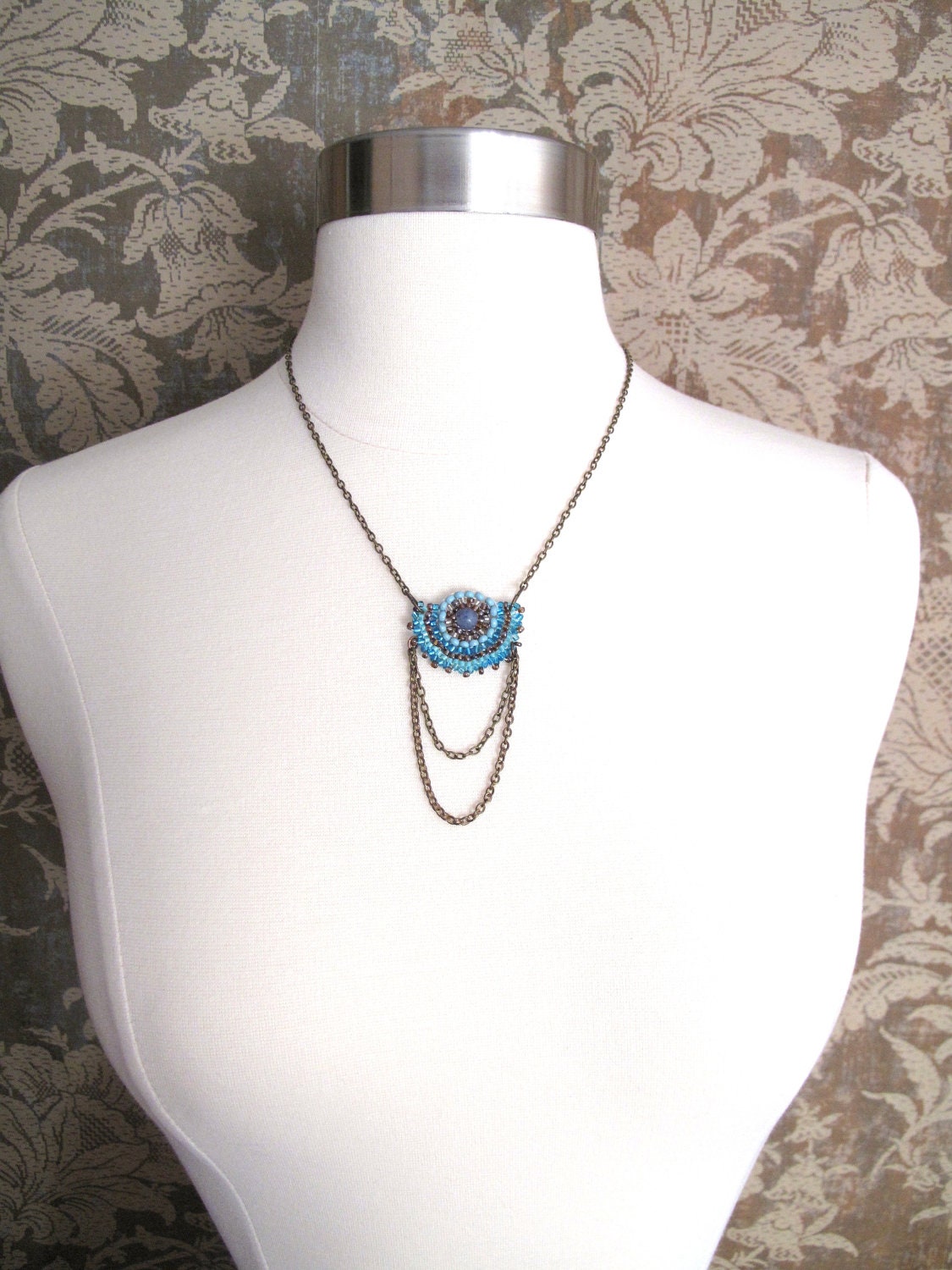 ECHO LAKE Necklace - Hand Beaded Turquoise Shield Pendant with Draped Copper Chain