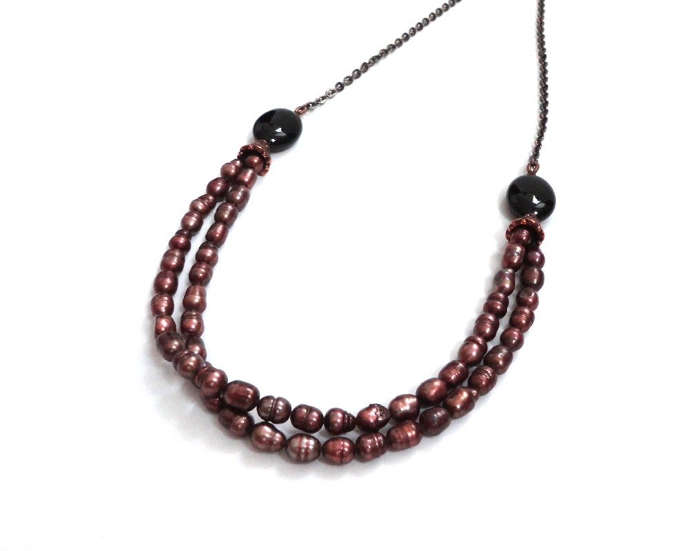 Pearl necklace copper brown pearls antiqued chain black onyx stones rustic elegant ooak