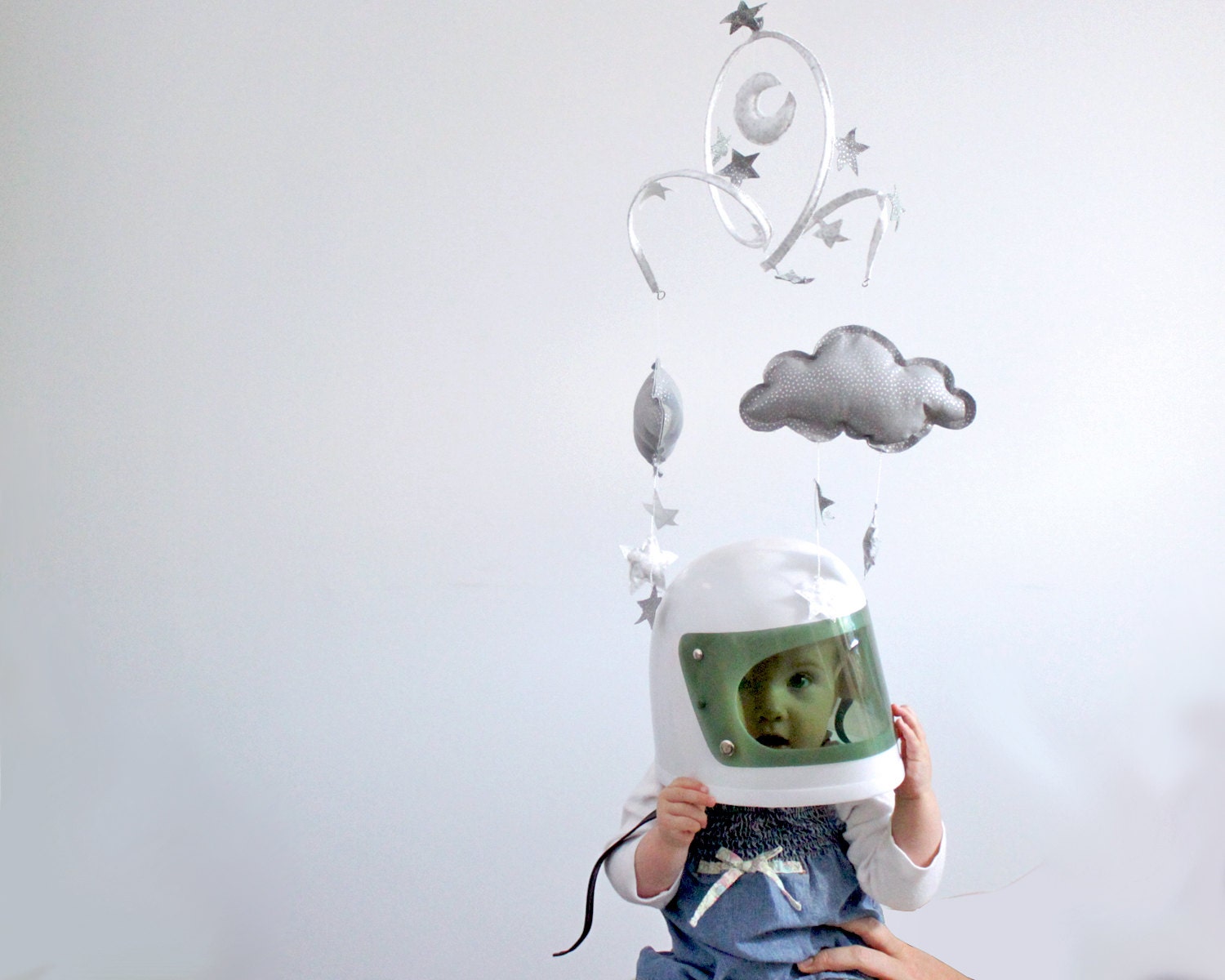 Moon and Stars Cloud Mobile in silver gray, snow white and charcoal - fabric sculpture for modern baby nursery decoration