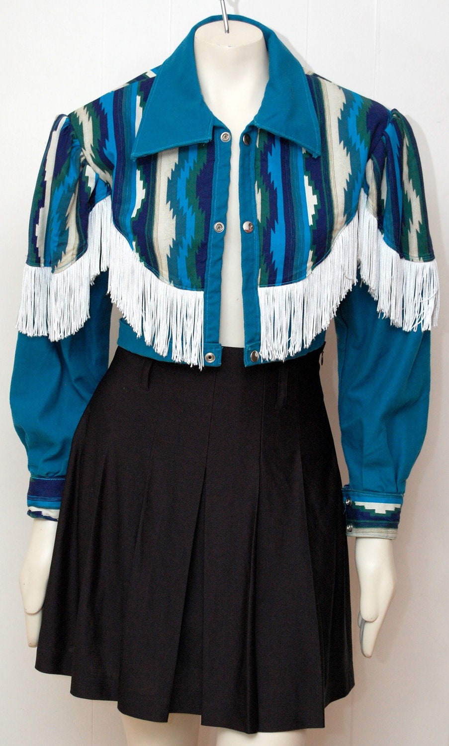 Size Small Vintage Blue Country Western Print Fringe Crop Jacket