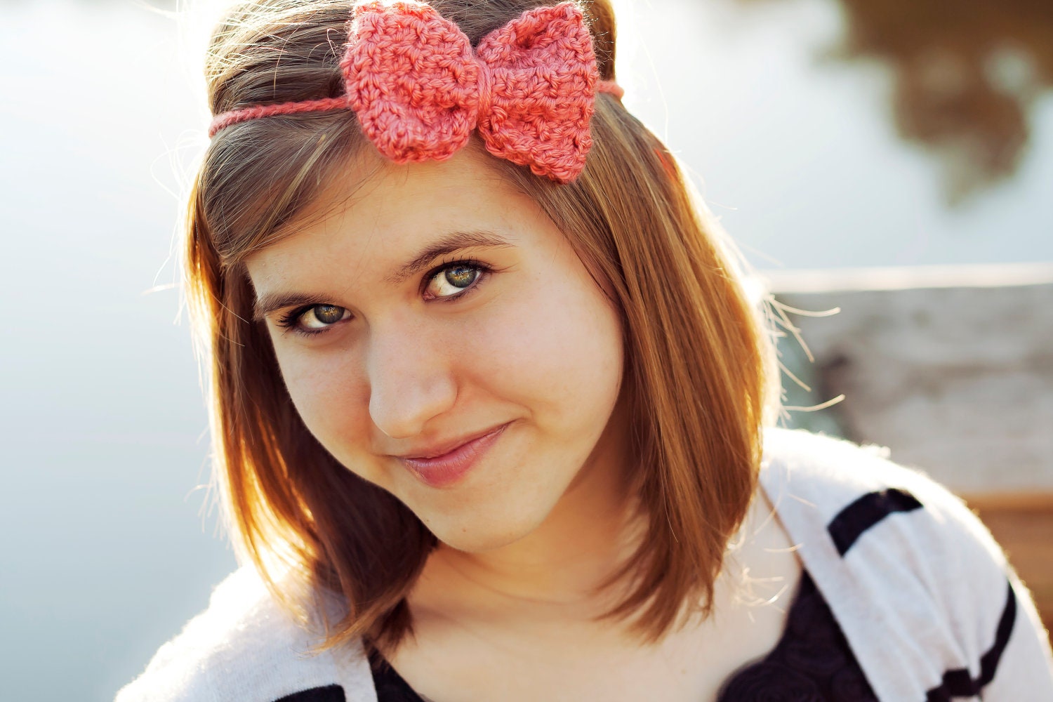 Crochet Bow Headband in rosie pink