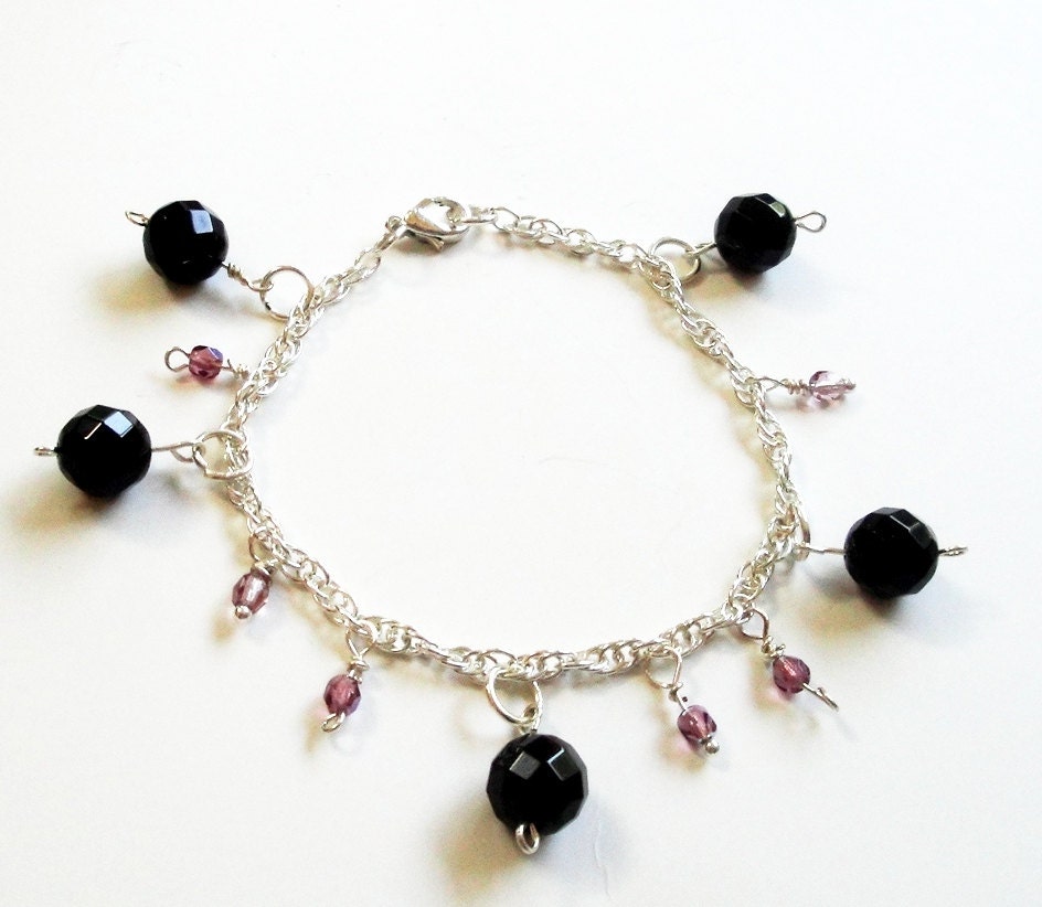 10% Off  Onyx Black Purple Faceted Swarovski Dangles Charms Sterling Plated Bracelet, Bridal, Prom, Graduation