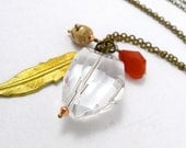 Beauty of the Desert Necklace, Carved Bone Skull Bead with quartz, Orange Carnelian, and Golden Feather, Handmade Jewelry