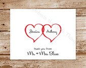 SET of 8 HEART Thank You Note Cards   :  custom colors, personalized stationery, notecards