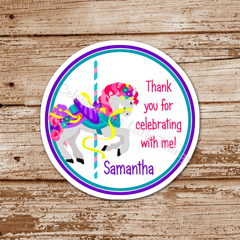 SET of 12 CAROUSEL Horse Favor Tags or Stickers : Merry-Go-Round, Personalized Il_570xn