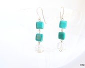 Genuine turquoise dangle earrings with quartz gemstones, gift under 40