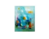 Aqua Blue, Turquoise and orange oil on canvas abstract 16x20 blue abstract painting