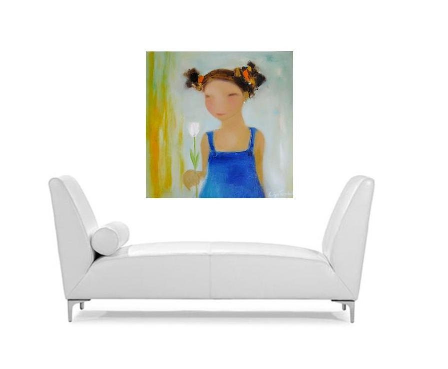 Girl with White Tulip, original oil on canvas painting 24x24"