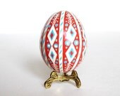 Red  Pysanka with candy cane design, batik egg on chicken egg shell, Ukrainian Easter egg, hand painted egg