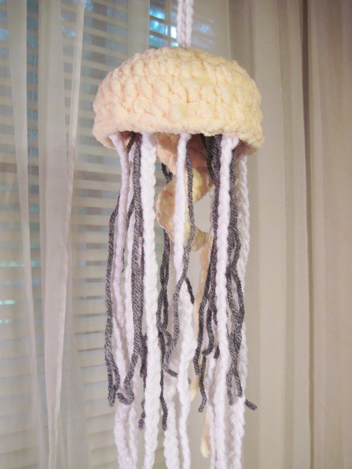 Jellyfish Yellow with Gray Jellyfish Crocheted Mobile Sea Jelly for Beach Decor