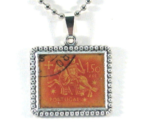 Vintage Portugal Canceled Postage Stamp Pendant Necklace - Knight on Horse