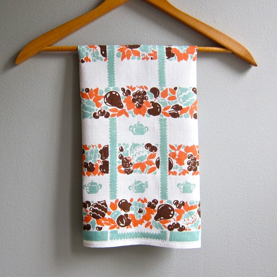 Vintage Linen Kitchen Towel with Coffee Pots and Fruit in Jadite Green Orange Brown