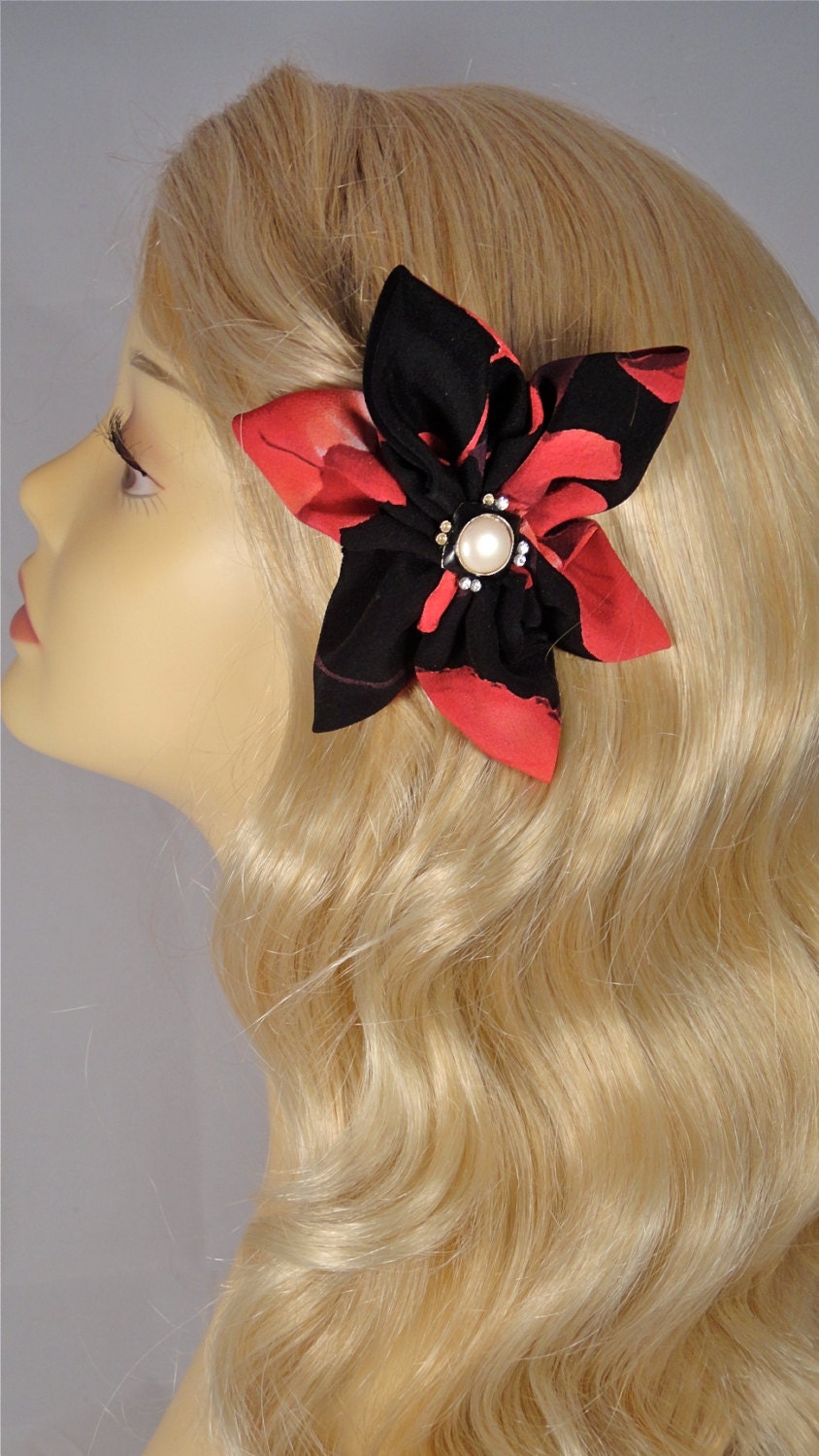 Upcycled Black & Red Hair Flower, with Antique Jewelry Center