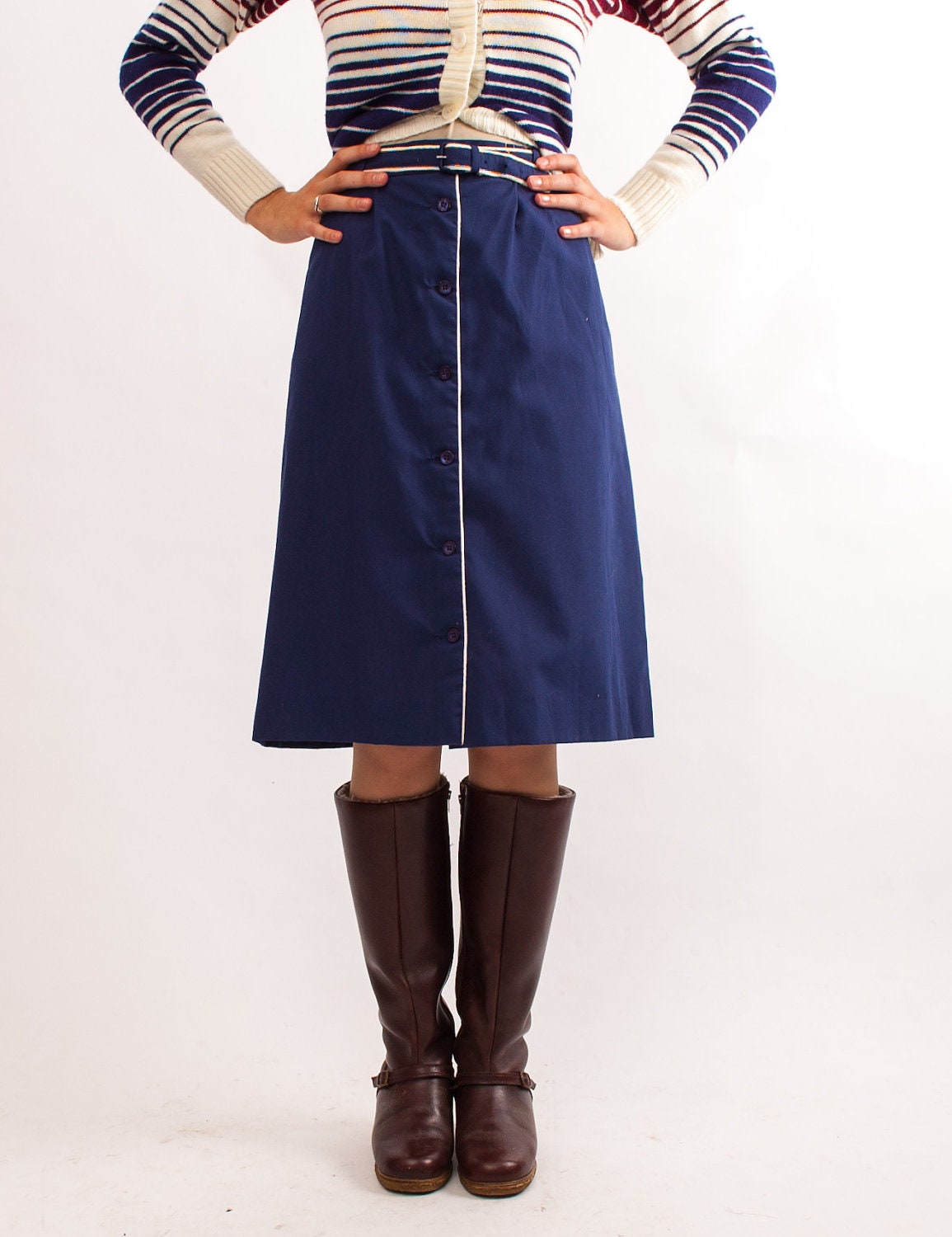 Vintage 1970s Skirt - 70s Nautical Skirt - Navy Blue A-Line