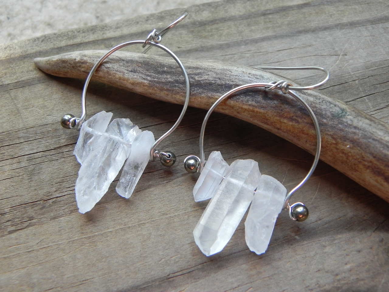 crystal earrings, crystal point hoops, modern raw crystal earrings, crystal beadwork earrings