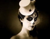 Costume bridal top hat with birdcage veil, New Years Eve party hat,  Day of the dead headpiece, white : Aggie - READY to SHIP