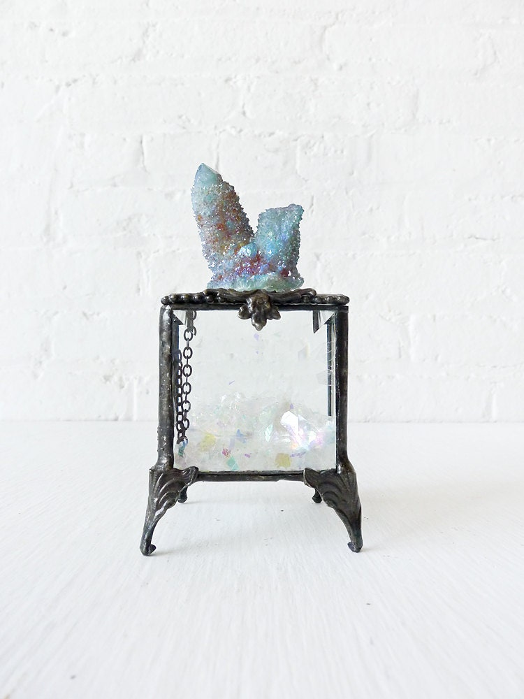 Beveled Glass Jewelry Box with Spirit Cactus Quartz on Top and Mica Inside