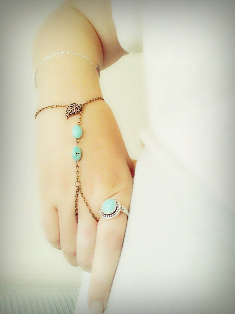 Boho Slave Bracelet Hand Bracelet Bronze Chain Bohemian Two Turquoise Bead One Strand Hand Jewellery