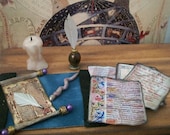 Sorcerers Writing Desk Set, Leather Velvet Blotter Ancient Jeweled Scroll, Midieval Manuscripts, Magic Wand,Dripping Candle, Ink Pot & Quill