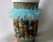 Crochet Coffee Cup Cozy Sleeve Brown Aqua and Beige with Eyelash yarn Trim
