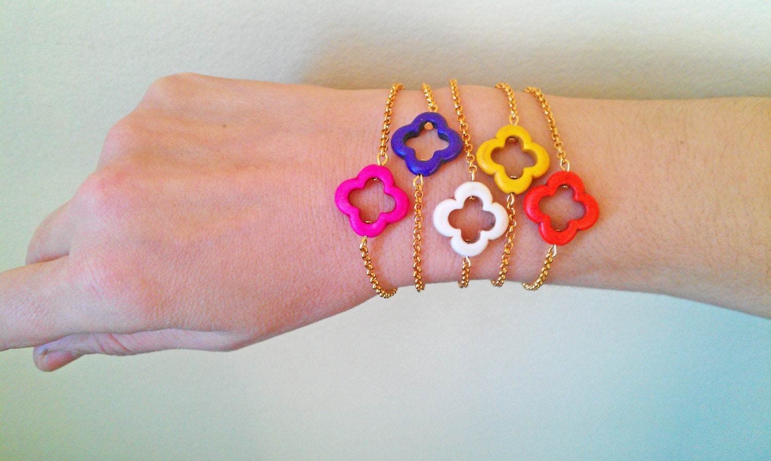 TURQUOISE lucky clover gold plated bracelet stone blue chain gift red boho for her friendship bridesmaids wedding yellow purple pink neon