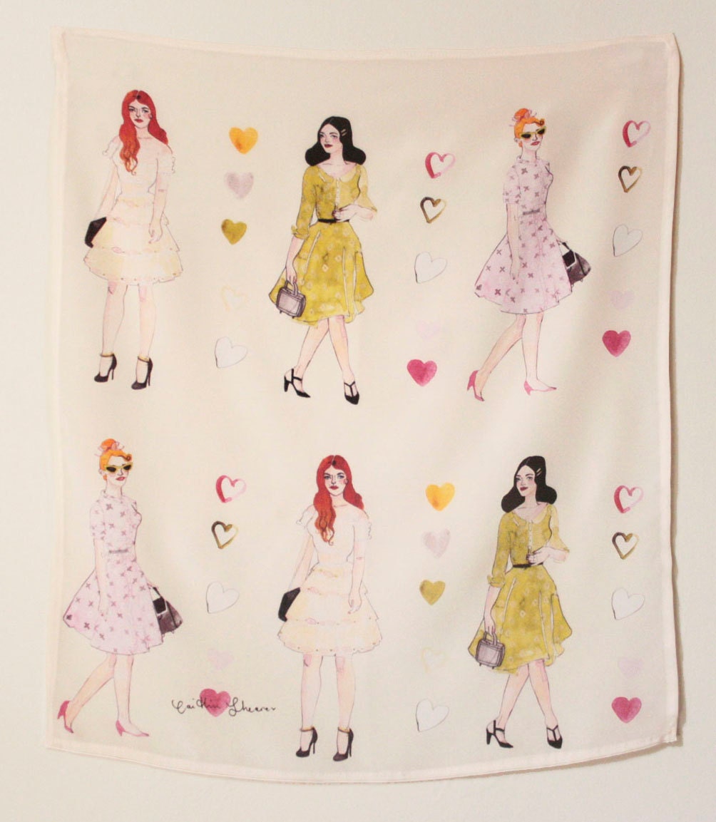 Sunday Stroll - Silk scarf printed with an original illustration by Caitlin Shearer