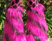 Furry Boot Covers - UV Reactive, Sparkle Pink & Black Kandi Kane Style, Go Go Fluffies