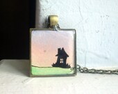 Watercolor Painting Pendant Necklace - House Silhouette Sunset Pendant - Original Watercolor Art Necklace, Hand Painted