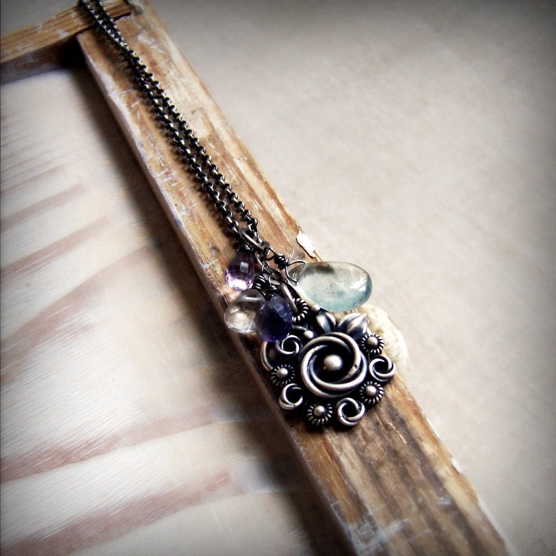 Silver gemstone necklace, bridal, romantic necklace, filigree flower necklace, metalsmith, aquamarine, amethyst , iolite