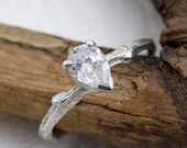 Moissanite Pear Twig Engagement Ring - 14k white gold -  Women organic wedding band