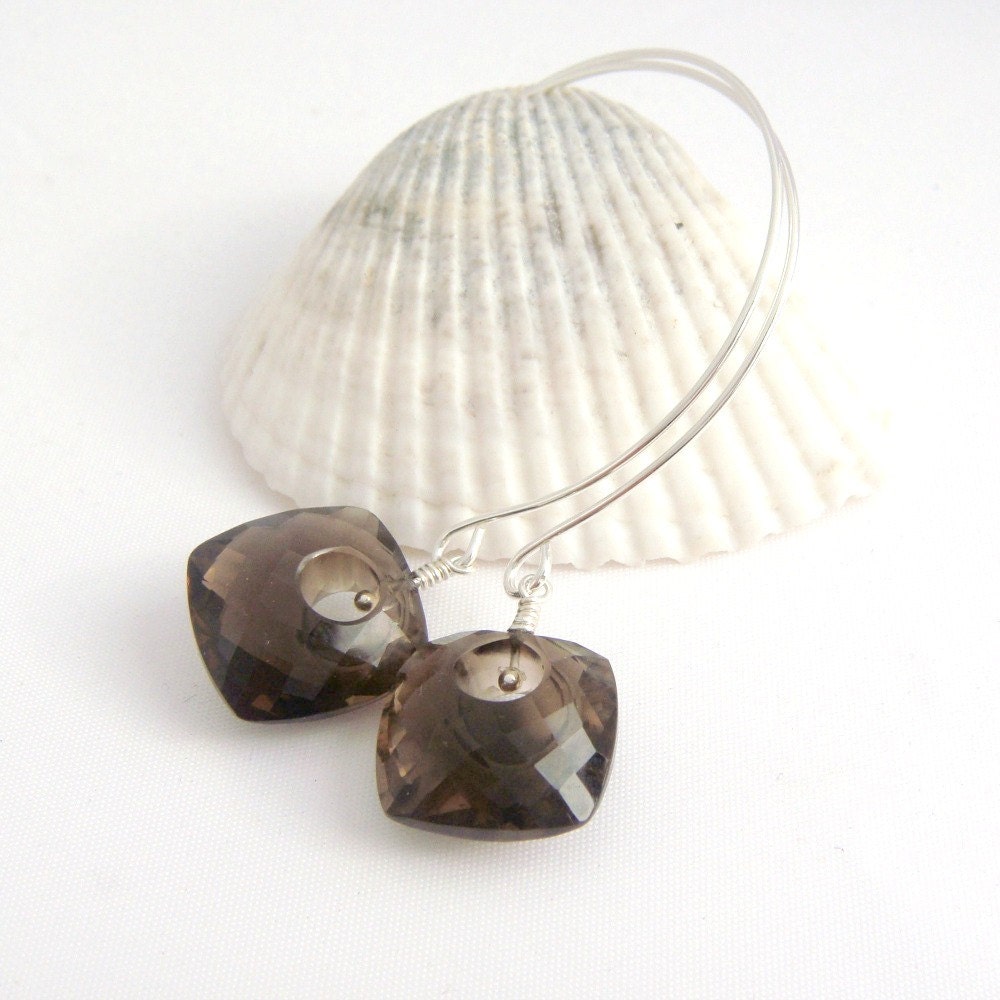 Brown Smoky Quartz Earrings, Gemtsone, Hoop Dangles, Modern Deco