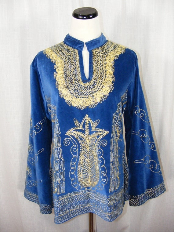 1960's Embroidered velvet tunic top. Blue velvet with metallic gold embroidery, wide bell sleeves.