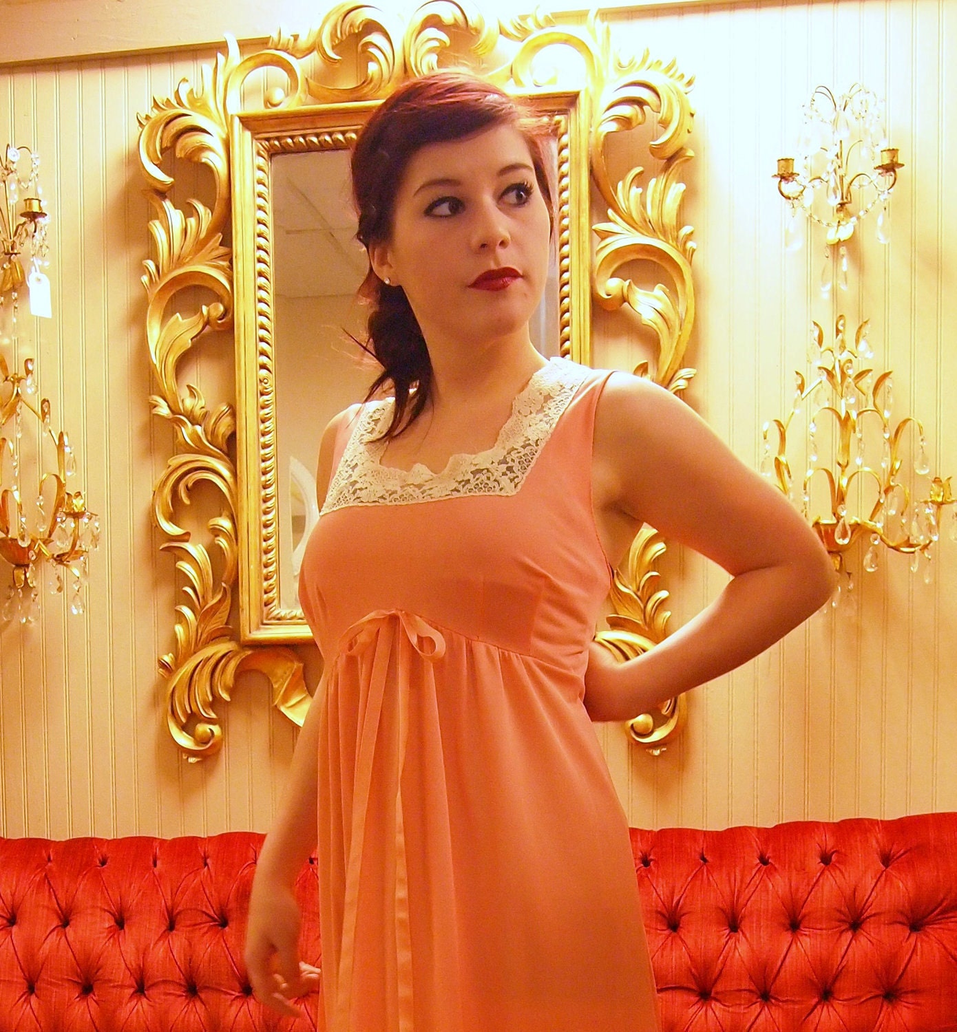 Sexy Vintage FORMFIT ROGERS 2 piece Peignoir Set in Coral with Ecru Lace Trim Nightgown and Robe