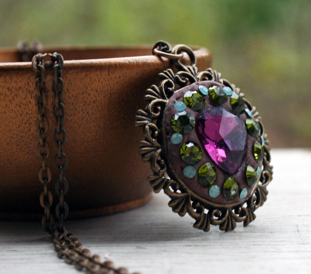 Jeweled Pave Filigree Brass and Swarovski Crystal Chatons Pave Pendant in Purple and Green