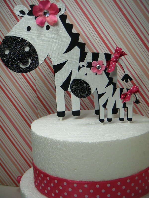 Zebra-licious Mommy and Baby Zebra Cake Toppers in Hot Pink and Black