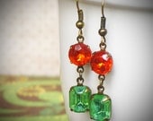 Lime Green and Tangerine Orange Rhinestone Earrings, Dangle, Peridot, Poppy