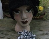 Ladies' or Girls' Black Cotton Cloche Hat with Clip on Flower and one additional Crocheted Flower Pin