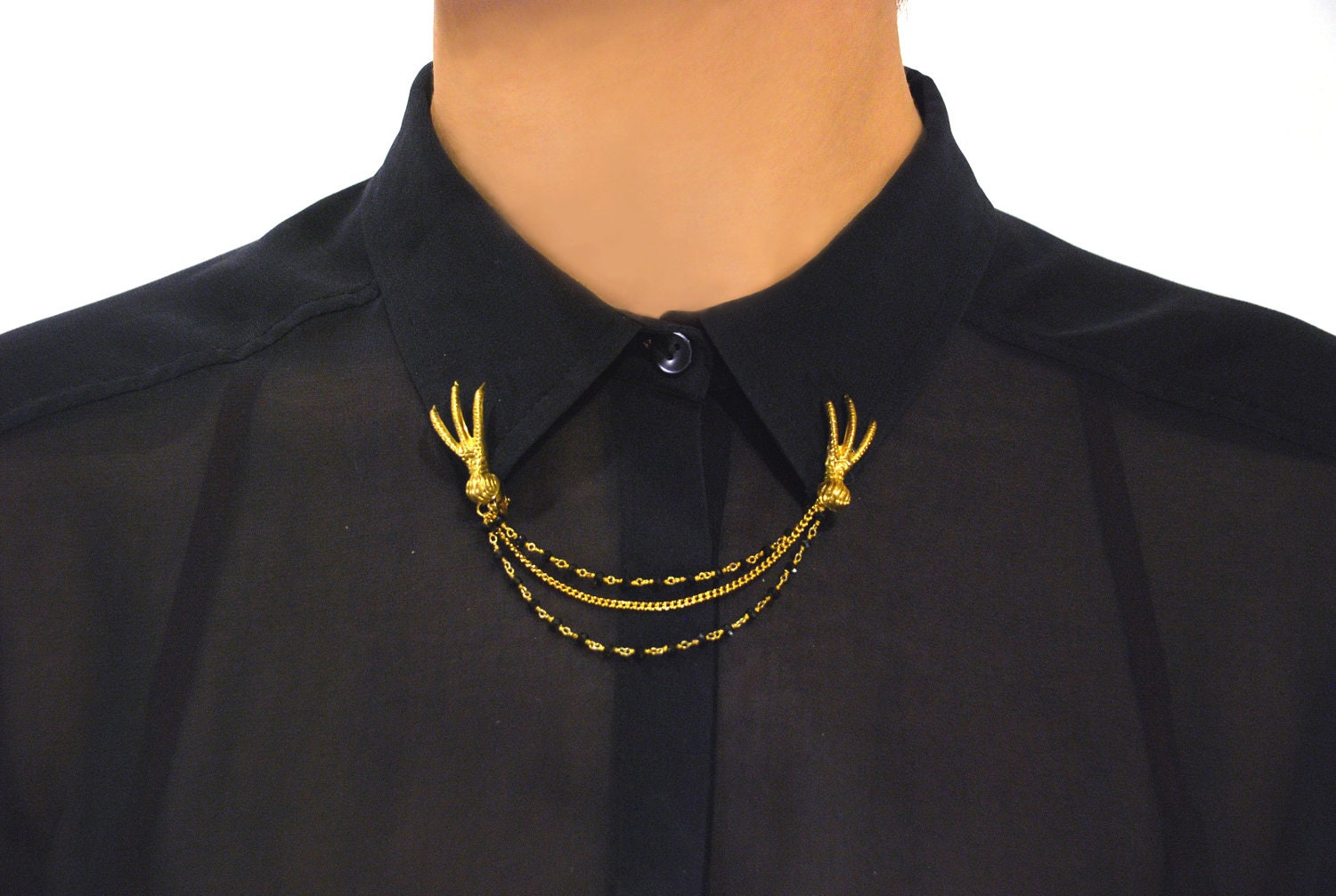 Collar Clips, Brass Claw Lapel Clips with 14k Gold Black Rosary Chain