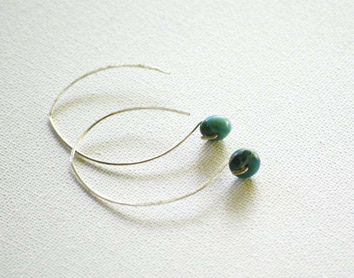 Modern Minimilist African Turquoise Jewelry Earrings 925 Sterling Silver Forged Genuine Gemstone Handmade Wire Work