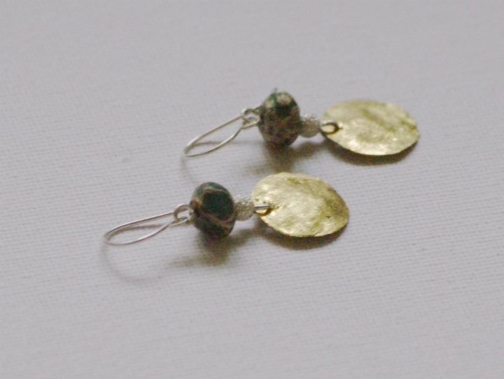 Ethnic African Turquoise Earrings with Brass circles in .925 sterling Silver Gift for her
