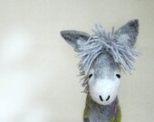 Grey Birger - Felt Donkey. Art Toy. Felted Stuffed Marionette Puppet Handmade Animals Toys. grey green gray. MADE TO ORDER.